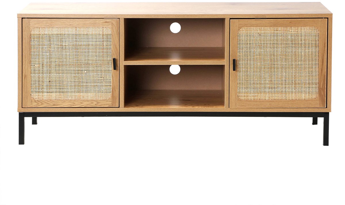 CALICOSY - Tv standaard met rotan bak en 2 deuren en 2 nissen 120x39x51cm