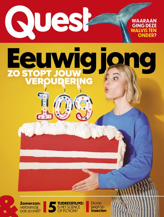 Vrouw met blauwe trui houdt taart vast met kaarsjes 109. Quest logo en walvisstaart bovenaan. Tekst: Eeuwig jong.