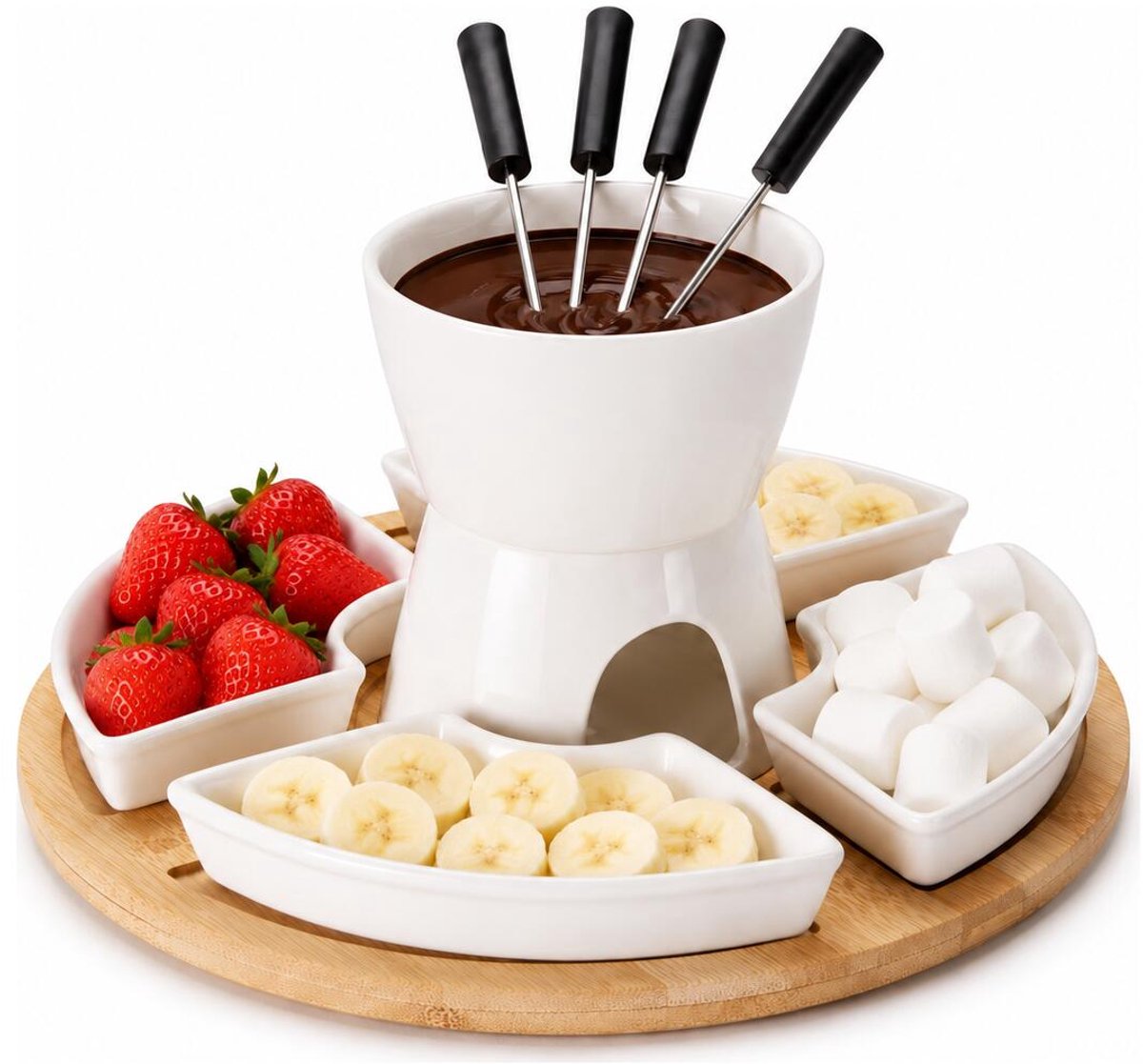 Excellent Houseware Chocolade fondue set - keramiek/bamboe - fondueset - incl 4 vorken – foto 2