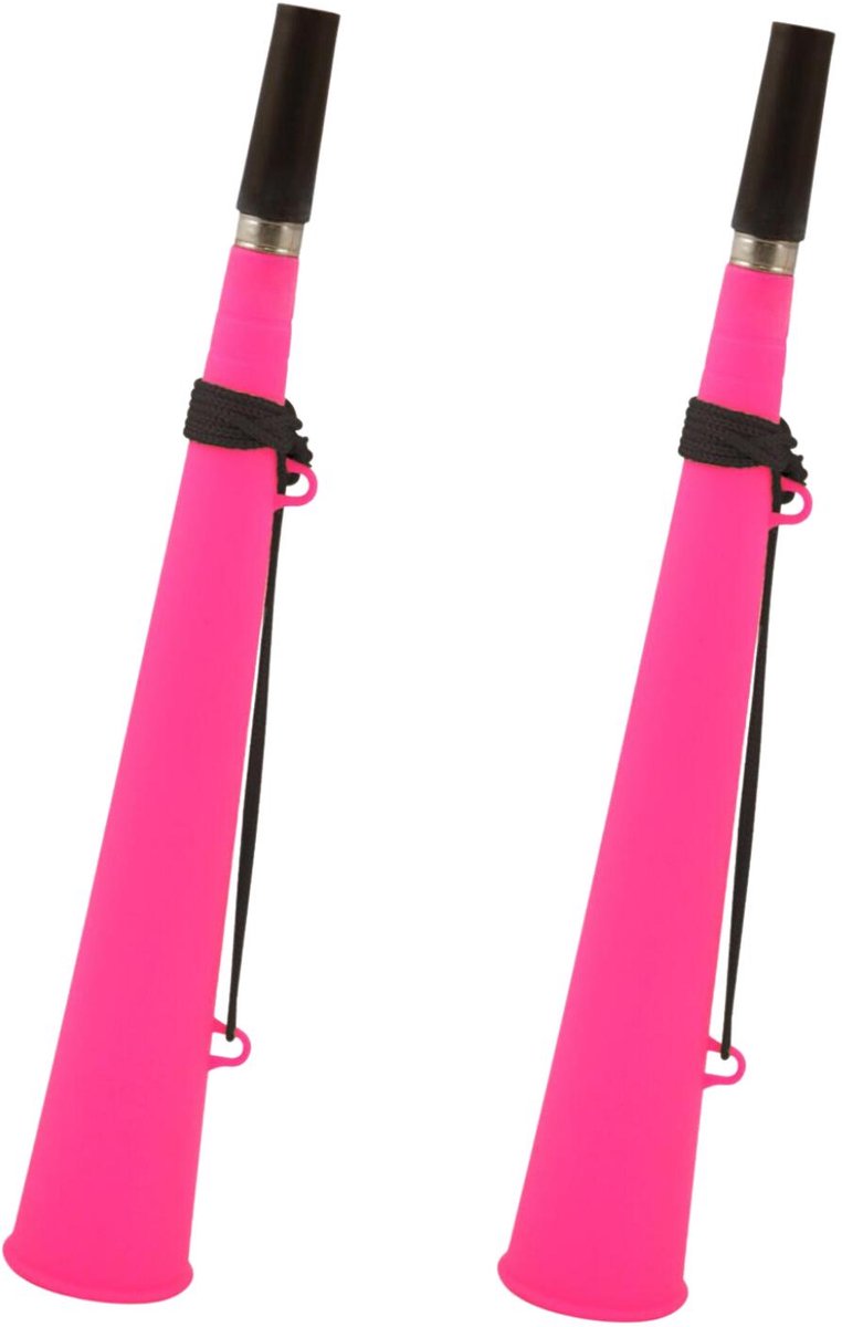 Henbrandt feest / party blaas toeters - set 2x stuks - neon roze - 37 cm - feestartikelen verjaardag - geluidmakers - hoorns - supporters