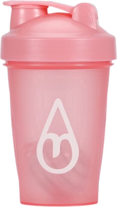Roze shakebeker met wit logo en klapdeksel.