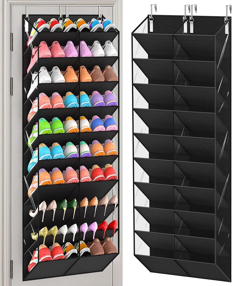 OLOEY Schoenenrek voor aan de deur met 20-30 vakken-doorzichtige opbergzakjes voor in de kast-10-laags schoenenrek voor aan de deur-geschikt voor alle sneakers-laarzen en hakken van het hele gezin-zwart