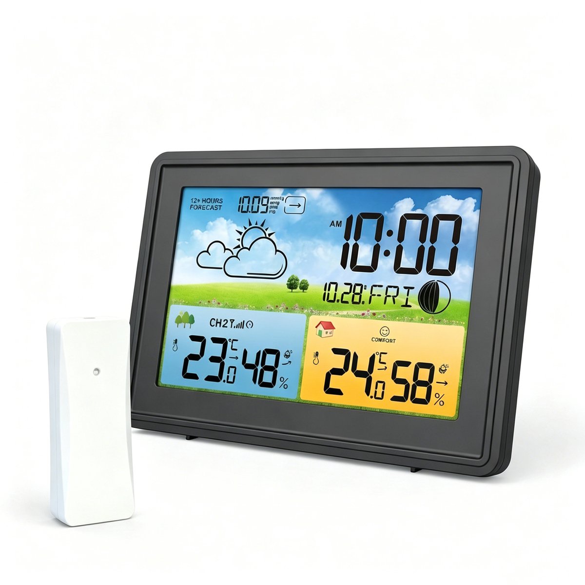 Fokelyi - Weerstation - Binnen & Buiten - Hygrometer - Regenmeter - Temperatuur - Weersvoorspelling - Radiogestuurd - Draadloze buitensensor - Automatische radiogolfcorrectietijd