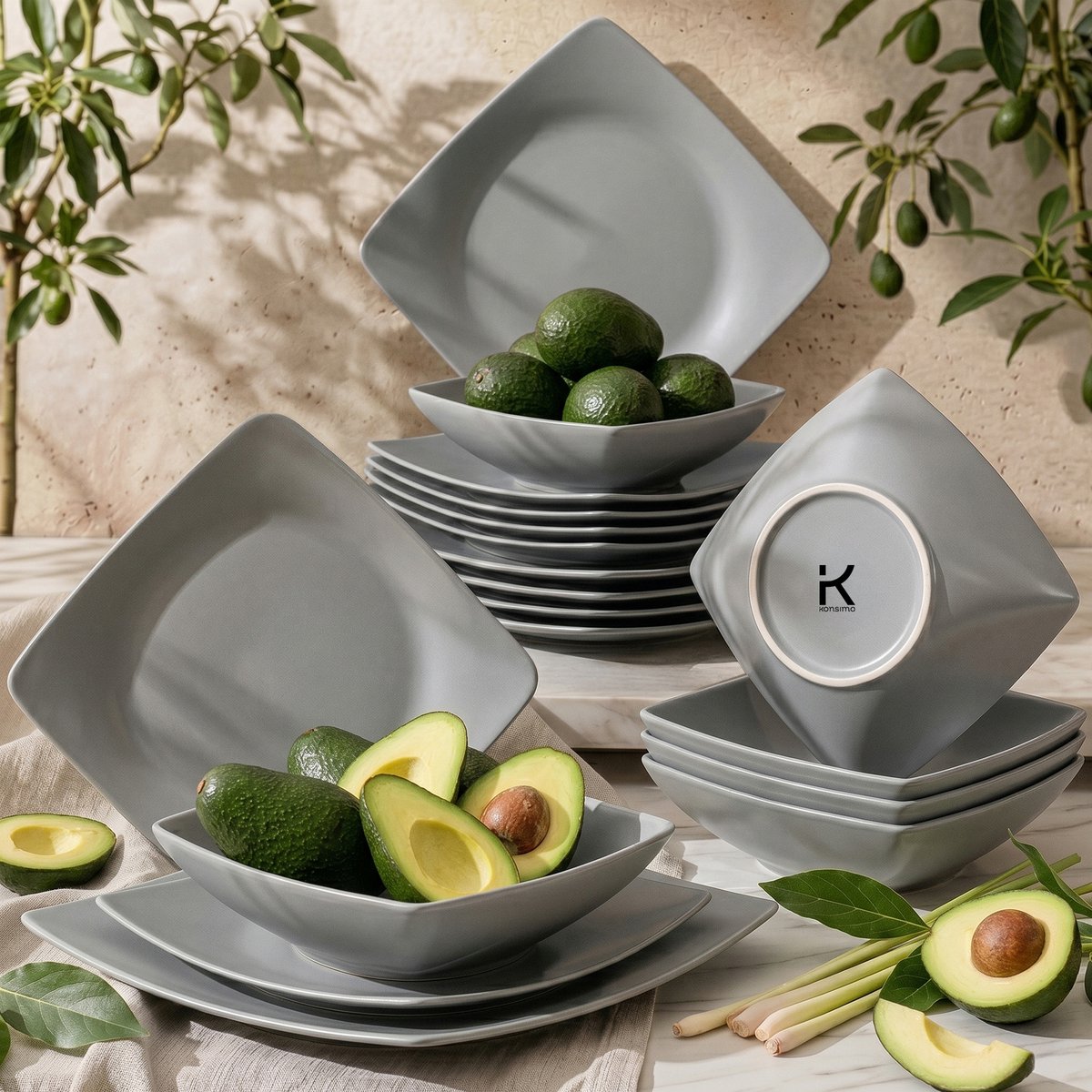 KONSIMO® EPIRI - Serviesset - 18 delig - 6 persoons - Keramiek - Geproduceerd in Europa - Grijs - Dessertbord, Diepbord, Dinerbord