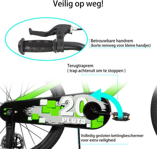 Joystar Pluto Kinderfiets - 20 inch - met mandje - met waterfles - zijwieltjes - bel - handrem - groen - Geschikt voor buitenactiviteiten in de lente van JOYSTAR — afbeelding 4