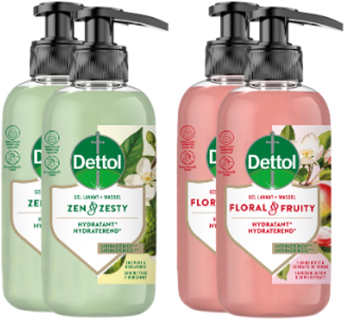 Dettol Handzeep Voordeelverpakking 4 Stuks – Zen & Zesty & Floral & Fruity – Hydraterende Vloeibare Handzeep – 4 x 300 ml