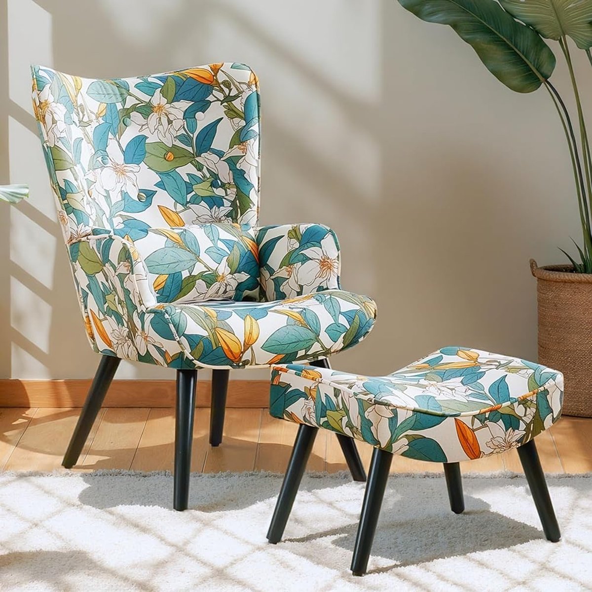 HomeMiYN Fauteuil met Voetenbank – Eénpersoons Loungestoel in Linnenlook Bloemen Design Groen Wit – Comfortabele Relax Stoel met Hocker voor Woonkamer en Slaapkamer