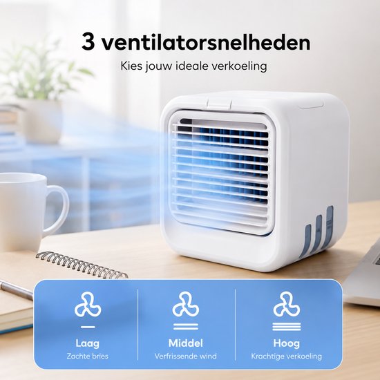 Witte draagbare aircooler met 3 snelheden: laag (zachte bries), middel (verfrissende wind) en hoog (krachtige koeling).