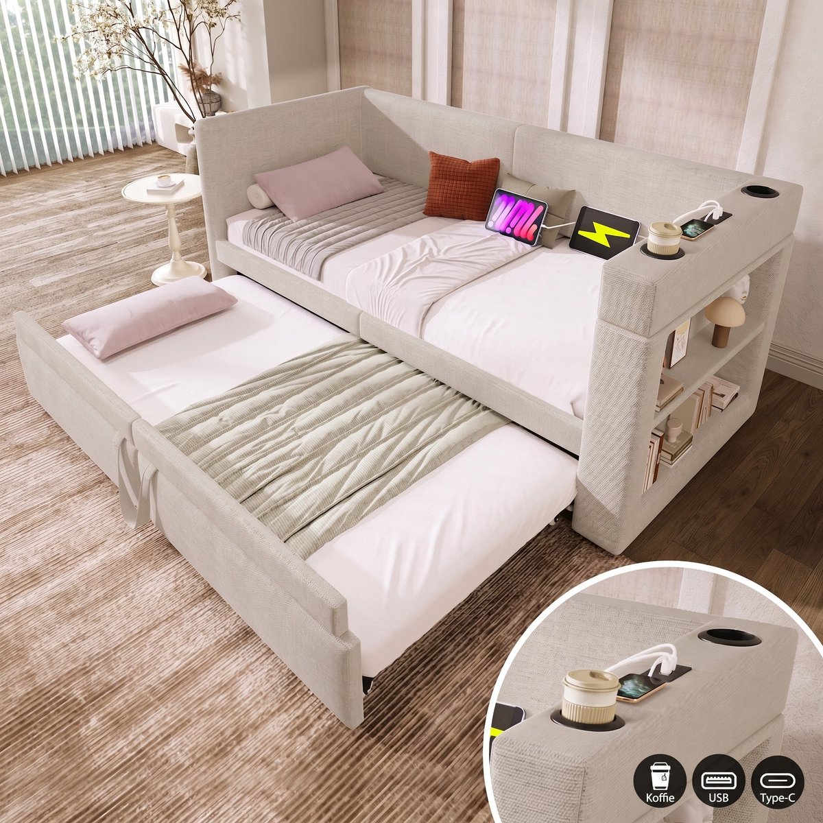 VVBV Slaapbank 1 persoons / Bedbank 90x200 – met Uitschuifbed, USB, USB-C – Linnen – Beige – Zonder Matras – Daybed en Gestoffeerd Bed van Linnen
