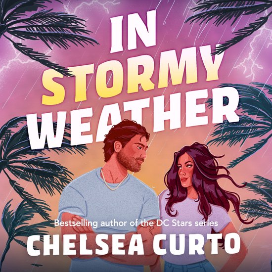 Un homme et une femme se regardent sous un ciel orageux violet avec des palmiers. Titre : In Stormy Weather.