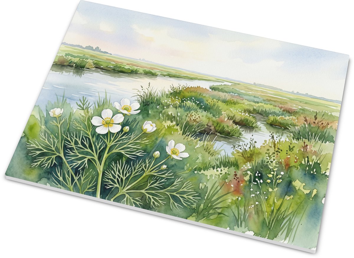 Tegeltje Fijne Waterranonkel Ranunculus aquatilis in de Polder - Aquarel Waterplanten Land