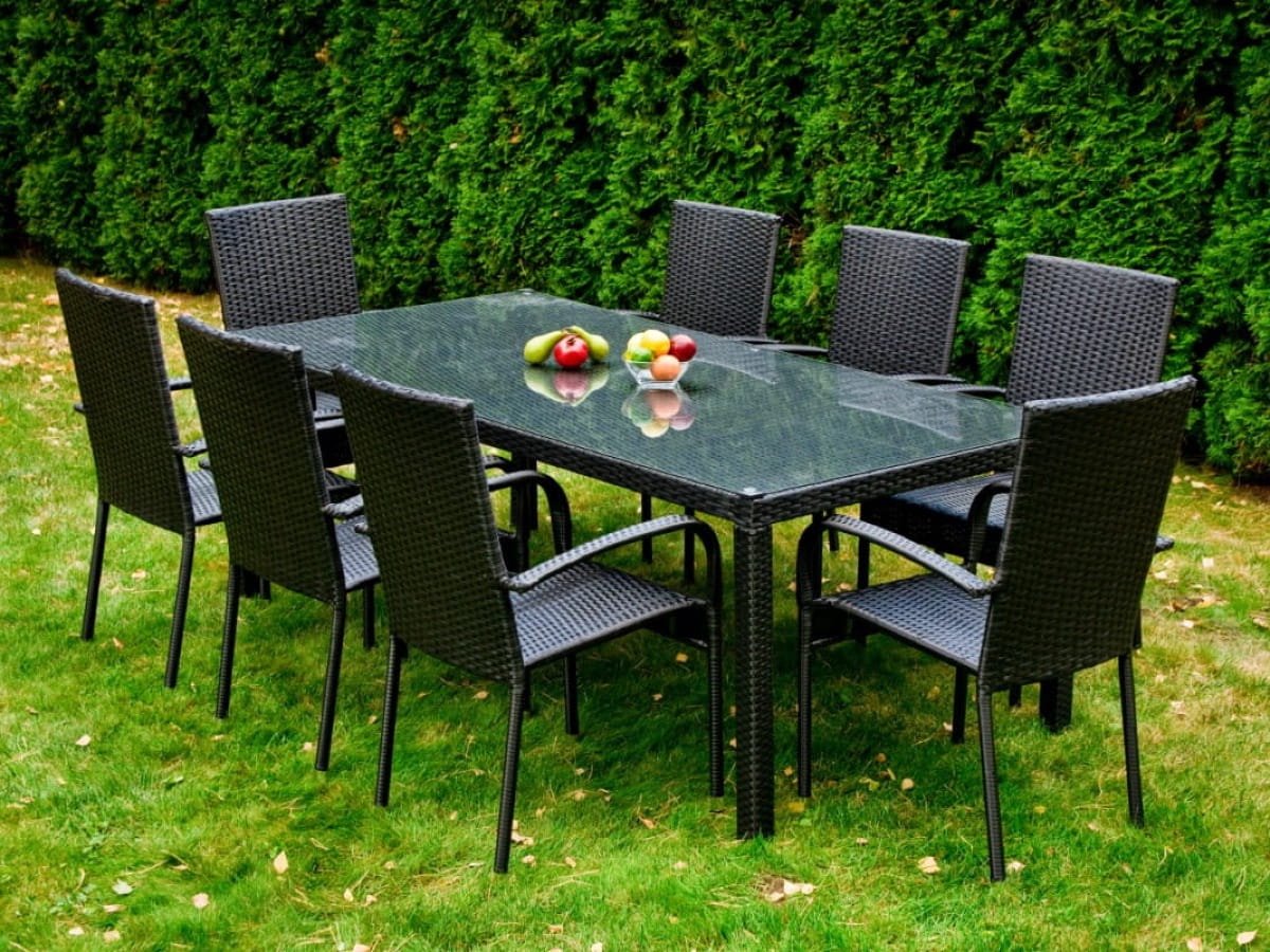 9-delige Tuin Eetset SOTTILE Zwart | Technorattan Tuintafel 200 cm met 8 Stoelen | Veiligh