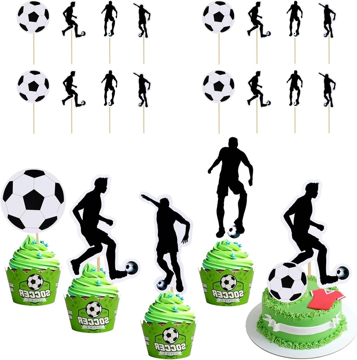 48 Stuks Taartdecoraties voor Voetbal Feestjes, Cake Toppers voor Verjaardagen en Babyshowers, Voetbal Thema Decoratie
