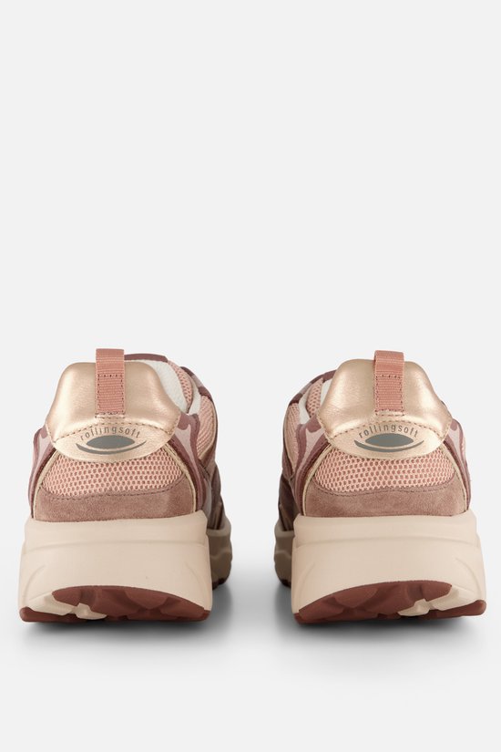Achterkant van roze Gabor Rollingsoft sneakers met "rolling soft" logo op de hiel.