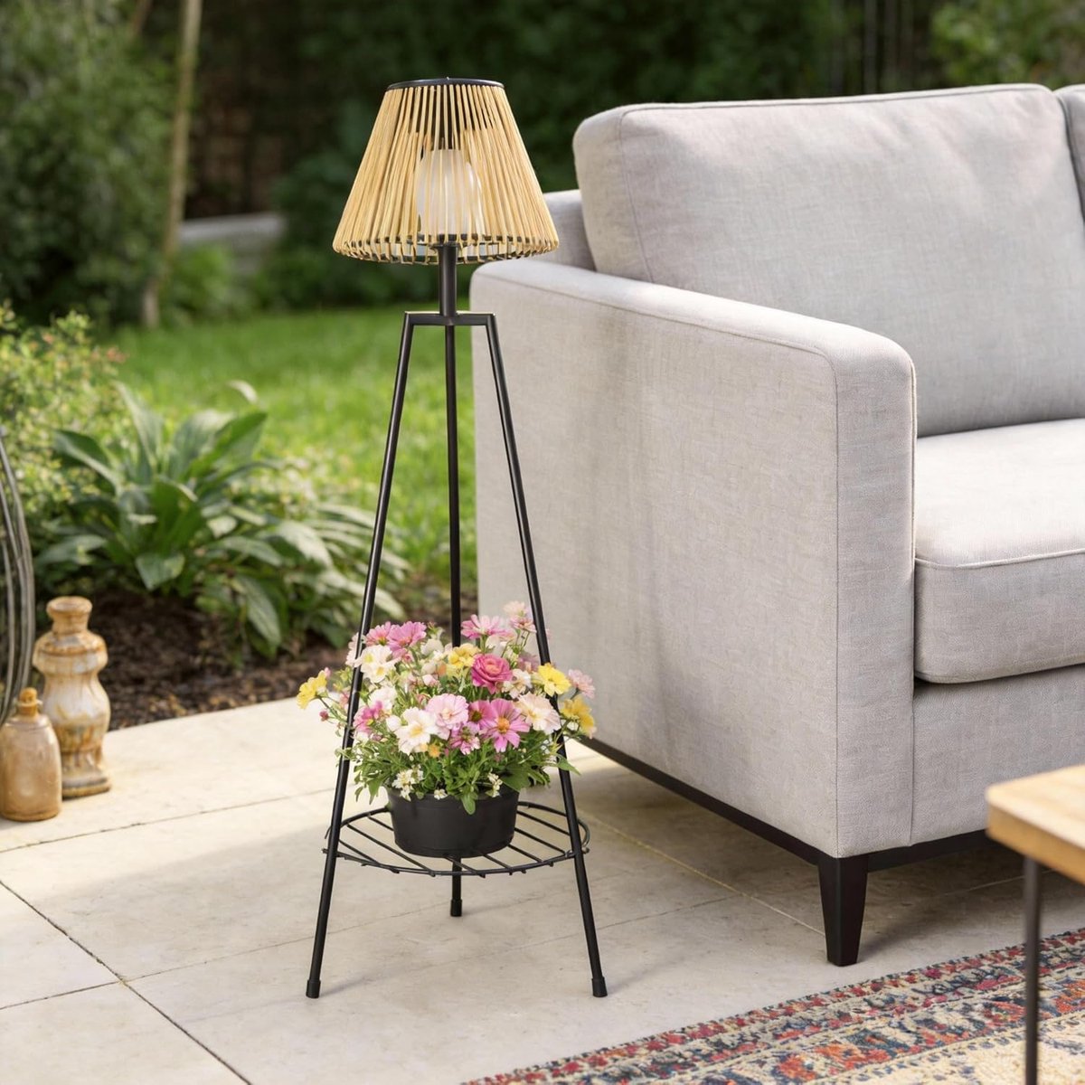 Famanu – Zonne-energie lantaarn voor buiten, boho-plantenstandaard met stoffen kap, eenvoudig te monteren zonder gereedschap
