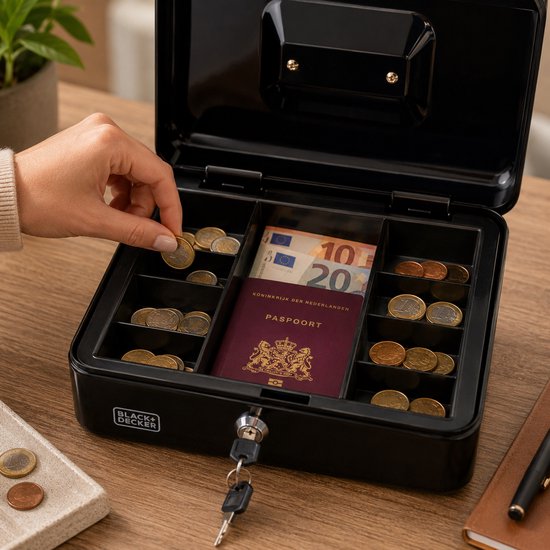 Een hand legt een munt in een zwart geldkistje met een paspoort en eurobiljetten erin. De kist heeft een sleutel.