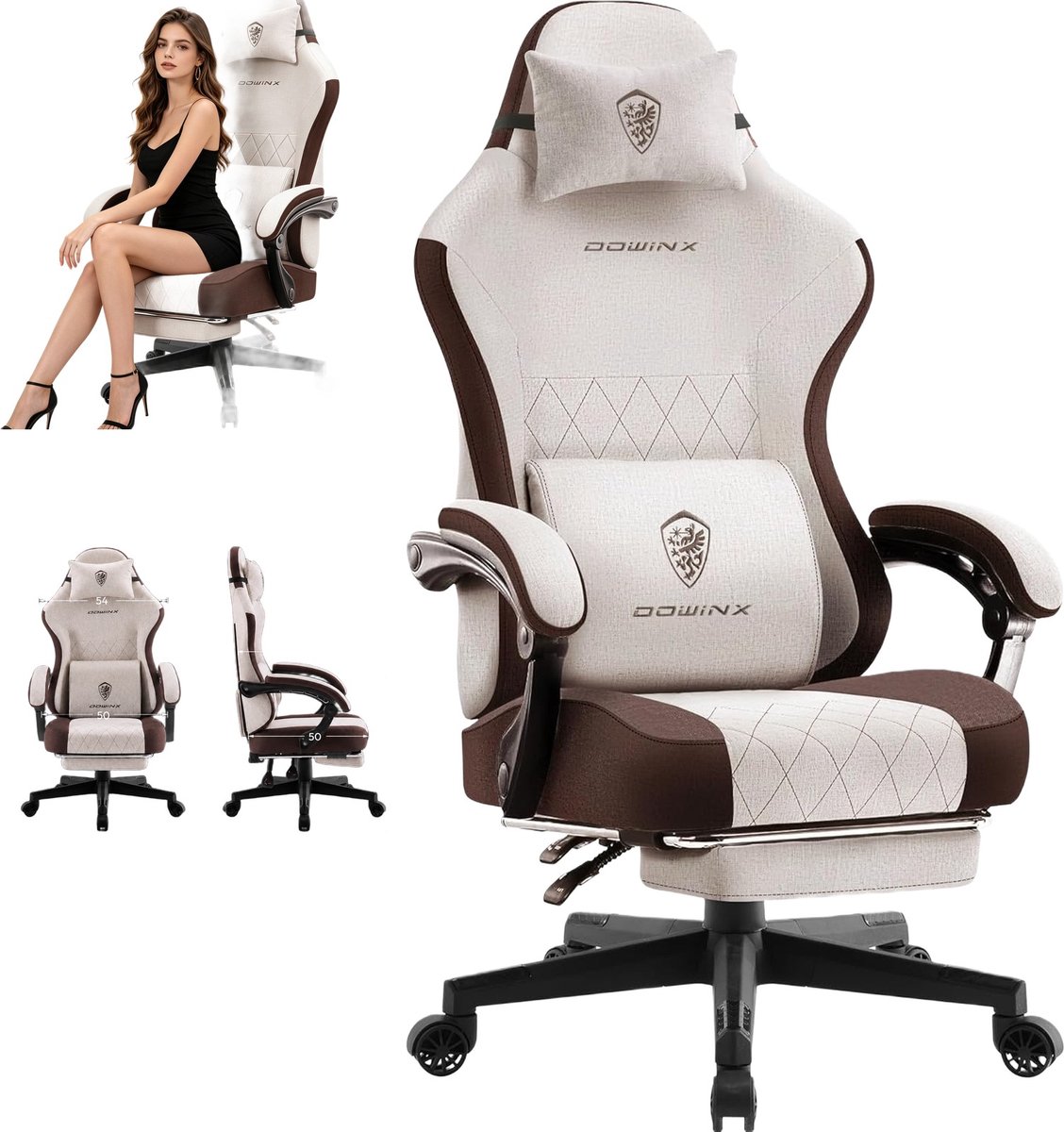 Dowinx - Big & Tall - Gamingstoel/Bureaustoel - Stof, pocketvering, massage, voetensteun, 135 kg - Bruin