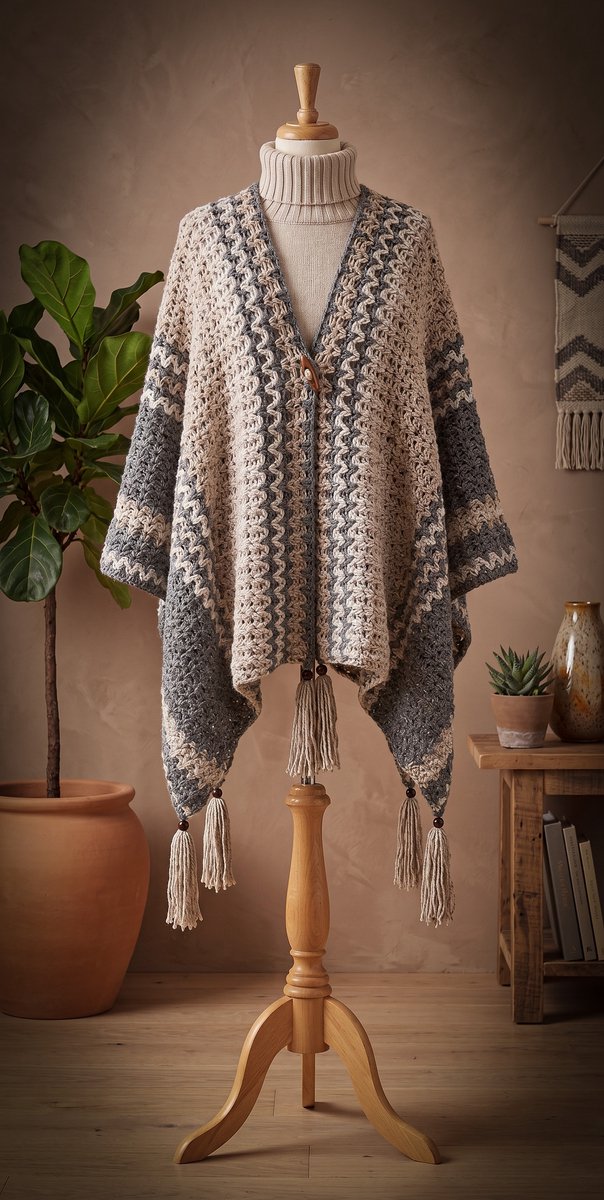 Corneeltje Wol - Haakpakket Poncho/Omslag - Gehaakte poncho patroon - One Size - haken - Naturel / grijs