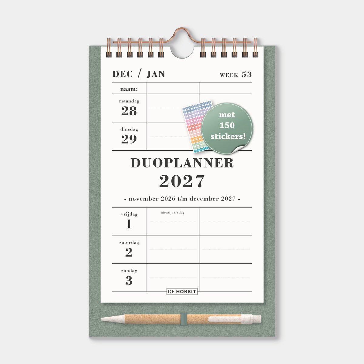 Hobbit - Duoplanner 2027 - A5+ (25 x 16 cm) - 1 week op 1 pagina - Weekkalender voor 2 personen - Met pen - Groen