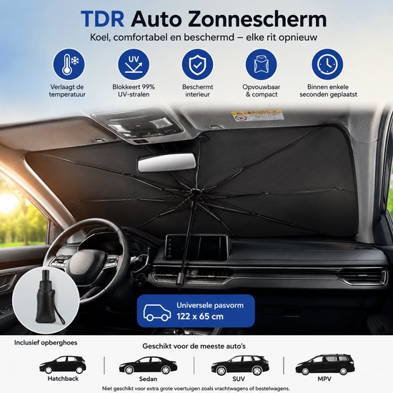 TDR Autozonnescherm Paraplu – Voor Kleine Auto’s – Binnenkant Voorruit – Opvouwbaar – Hitte & UV-bescherming – 122 x 65 cm