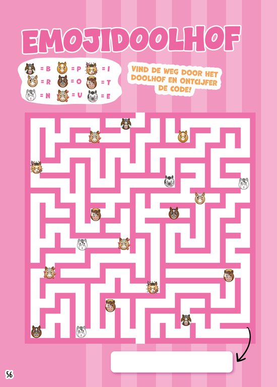 Roze doolhof met emoji-kattenhoofdjes. Tekst: 'EMOJIDOOLHOF VIND DE WEG DOOR HET DOOLHOF EN ONTCĲFER DE CODE!'