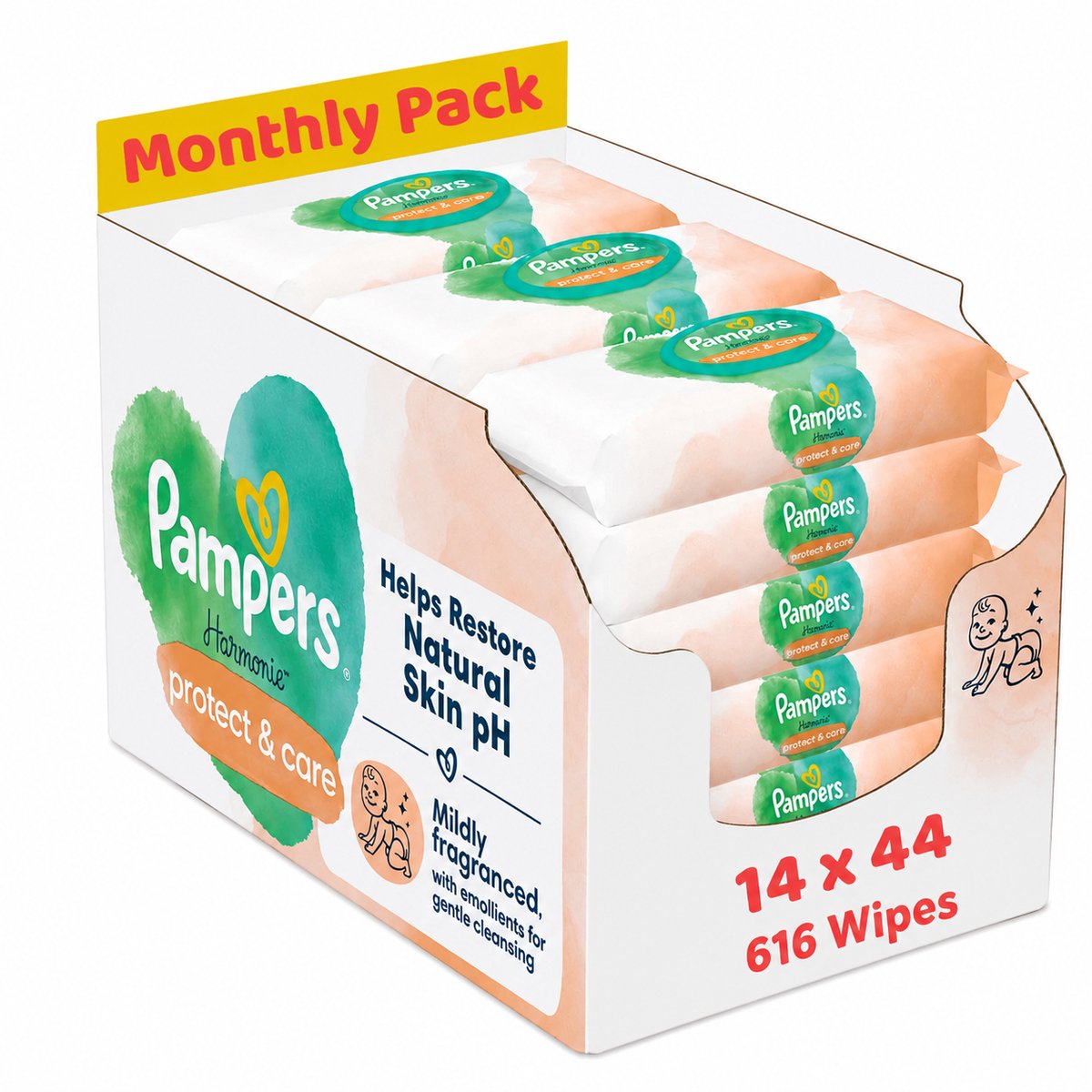 Pampers Harmonie Babydoekjes Monthly Pack – 616 Wipes (14 x 44) – Milde Baby Wipes met Natuurlijke Ingrediënten
