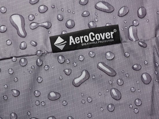 Close-up van de grijze stof van de parasolhoes met waterdruppels en het AeroCover logo.