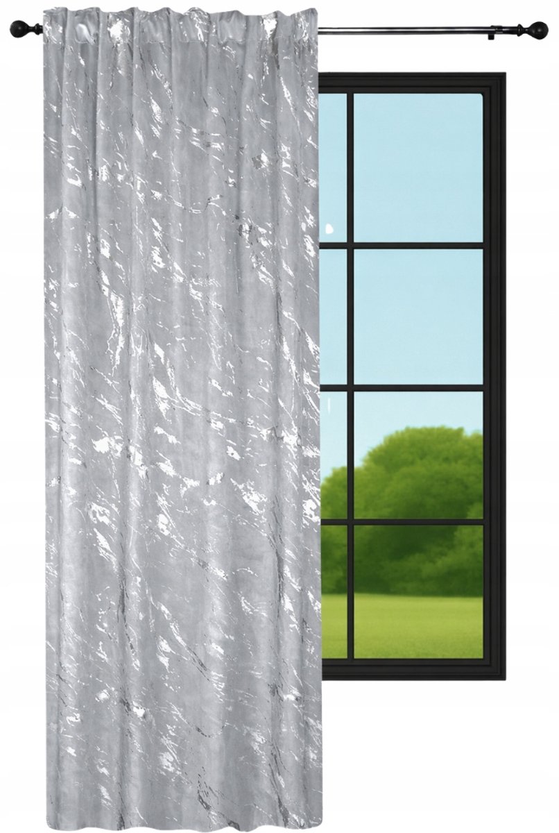 NOW-ART Marmur - Kant-en-klaar velours gordijn - 140 x 230 cm - Lichtgrijs met zilver - Waveplooi Lichtgrijs;Zilver