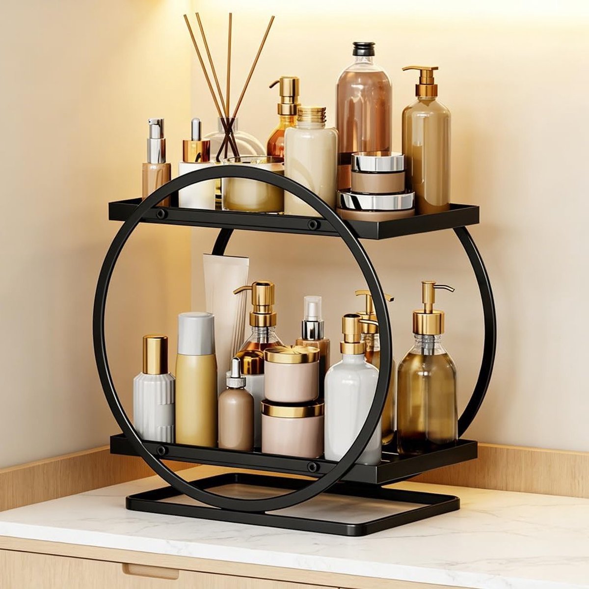Make-uptafel met 2 verdiepingen, metalen make-uporganizer en parfumstandaard voor slaapkamer en badkamer, ideaal voor cosmetica en opslag
