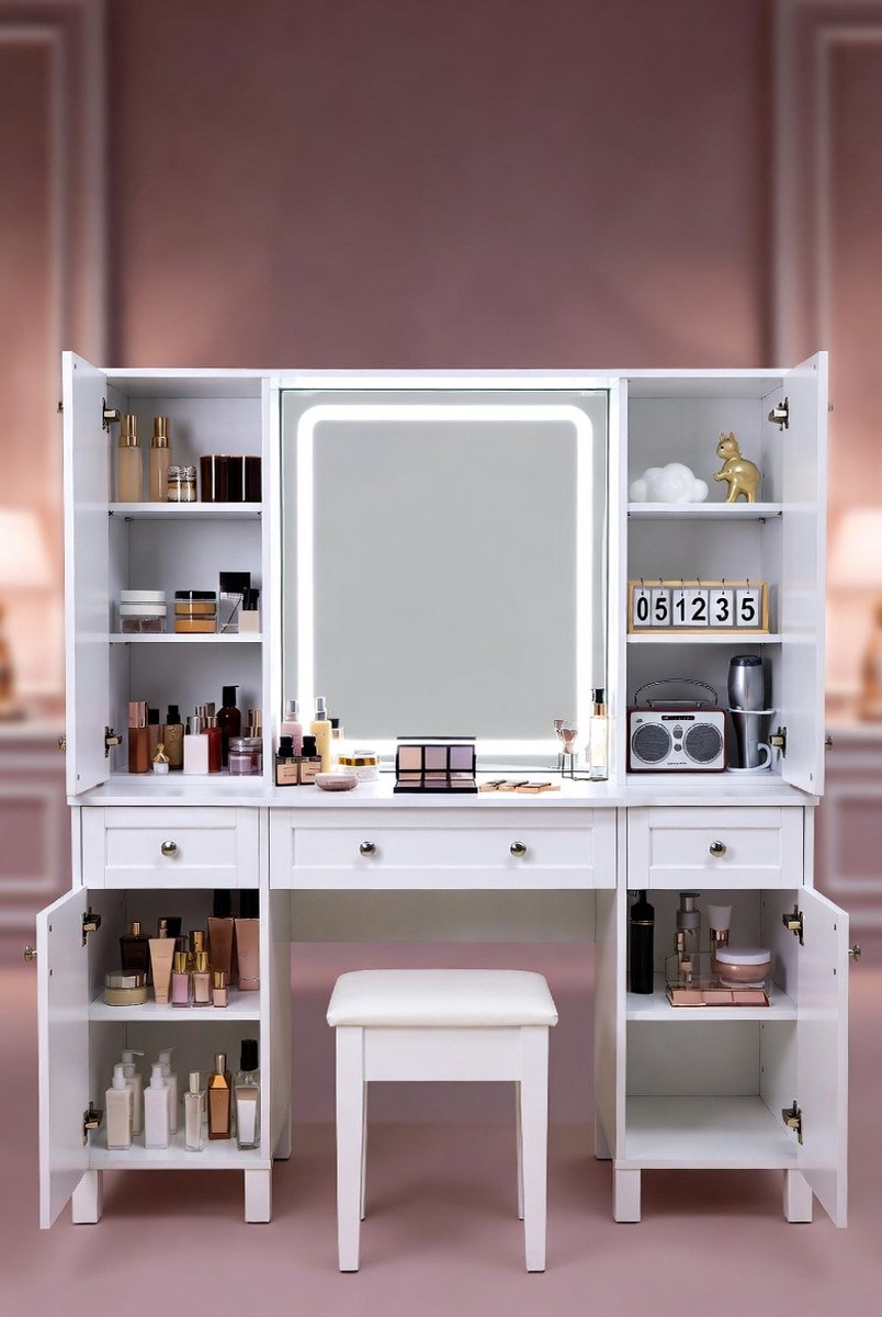 Grote kaptafel met verlichting en kruk: LED instelbare helderheid 3 kleuren - kaptafel met spiegel - moderne kaptafel met 3 laden 9 open planken, wit-Medahomestore