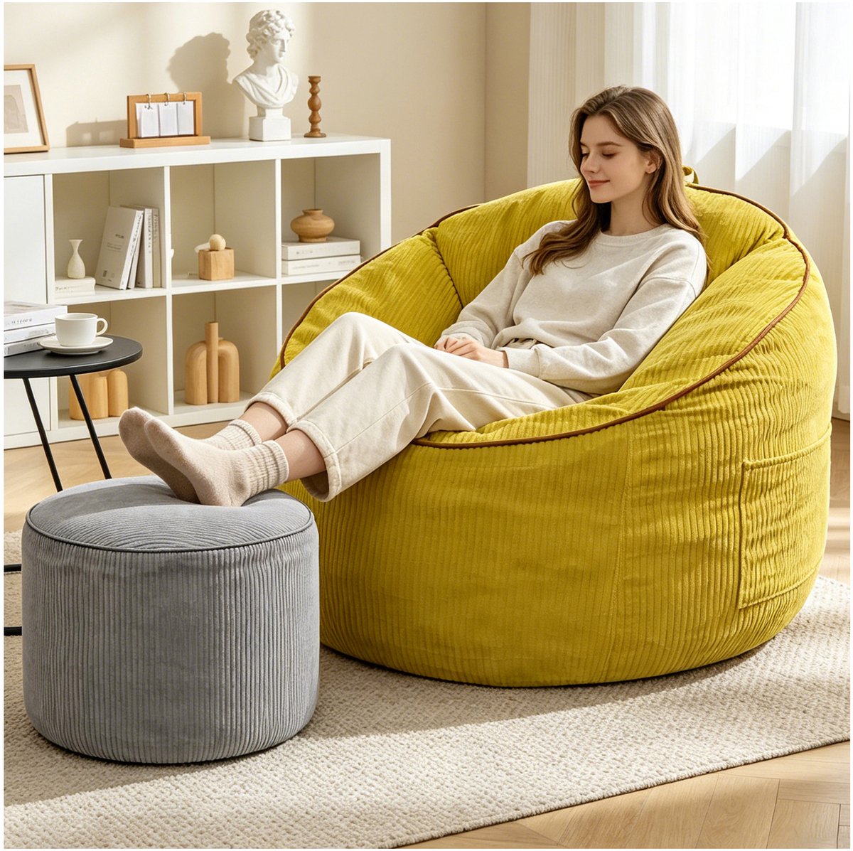 HAUSS SPOLE Zitzak Met Voetenbank - Ergonomische Gebogen Loungestoel Met Opbergvak - Voor Woonkamer En Leeshoek - Gele Flanelstof Geel