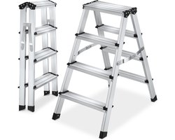 tectake® Dubbelzijdige Aluminium Keukentrap - 4 Treden - 77,5 cm - Stevige Trap Ladder - Opklapbaar Opstapje - Antislip Huishoudtrap