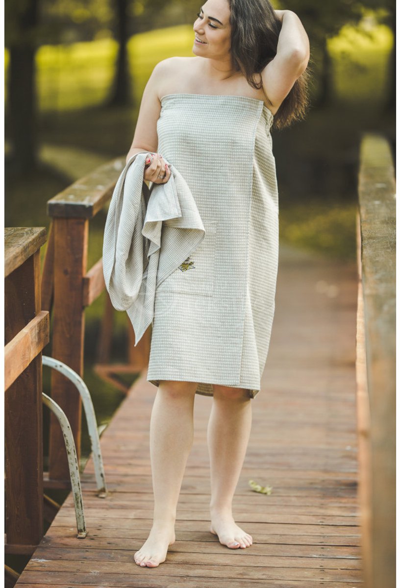 Sauna Handdoek Dames 85x145 cm - Linnen Sauna Jurk met Verstelbare Sluiting - Sauna Kilt Dames - Beige