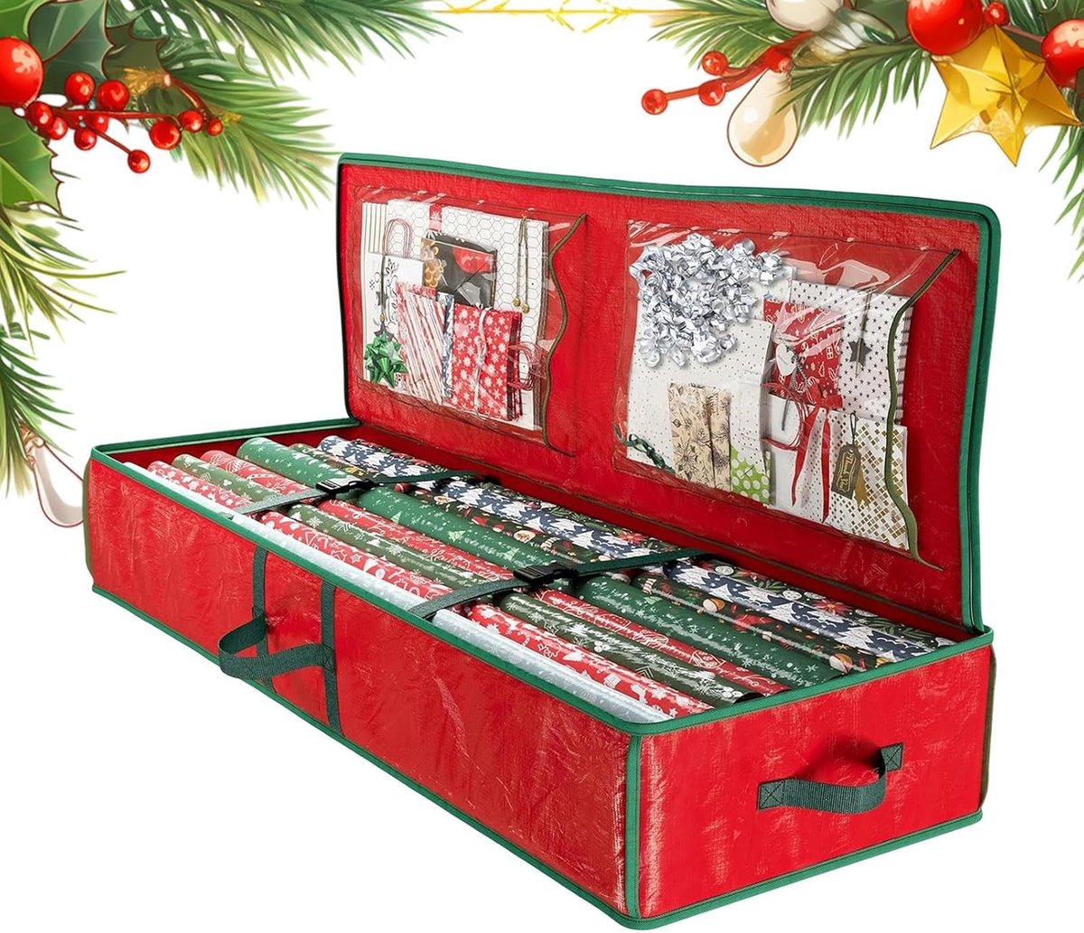 Opbergdoos Cadeaupapier - Rolhouder Organiser - Feestdagen Voorbereiden - Waterdichte Oxford Stof - 106 x 35 x 15.2 cm - Rood