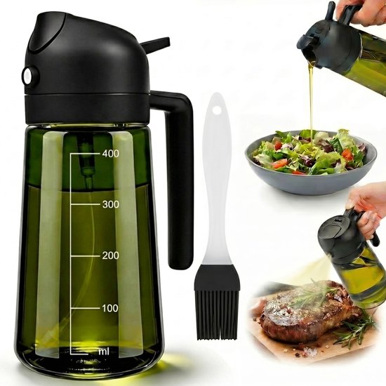 Bouteille de pulvérisation d'huile avec bouteille verte et bouchon noir. Comprend un pinceau en silicone blanc et des images de salade et de viande.