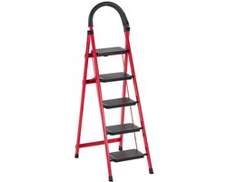 Foxsport Huishoudtrap 5 treden - Keukentrap Inklapbaar - Trap Ladder - Verbrede en verdikte pedalen - Met gereedschapshouder - Met veiligheidspal - Anti-slip treden - Metaal - 150kg Draagkracht - Max. Werkhoogte 310cm - Rood