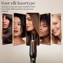 Collage van vijf vrouwen met verschillende haartypes en kleuren, met automatische krultang in het midden.