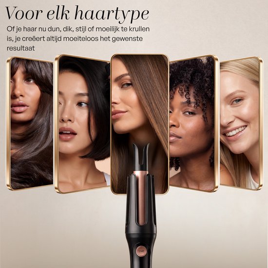 Collage van vijf vrouwen met verschillende haartypes en kleuren, met automatische krultang in het midden.