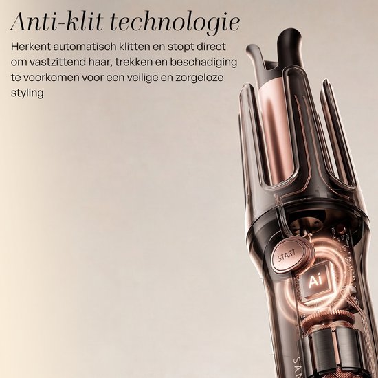Detail van de automatische krultang met 'AI'-chip, die anti-klit technologie aangeeft.