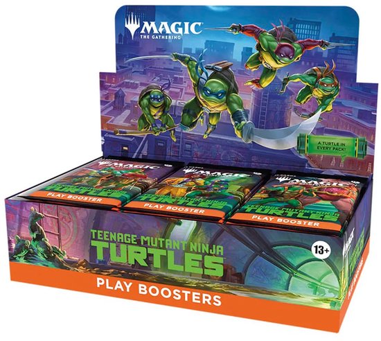 Doos met 36 Magic: The Gathering - Teenage Mutant Ninja Turtles Play Boosters. Toont de Turtles die van een gebouw springen, met de tekst 'A turtle in every pack!'.