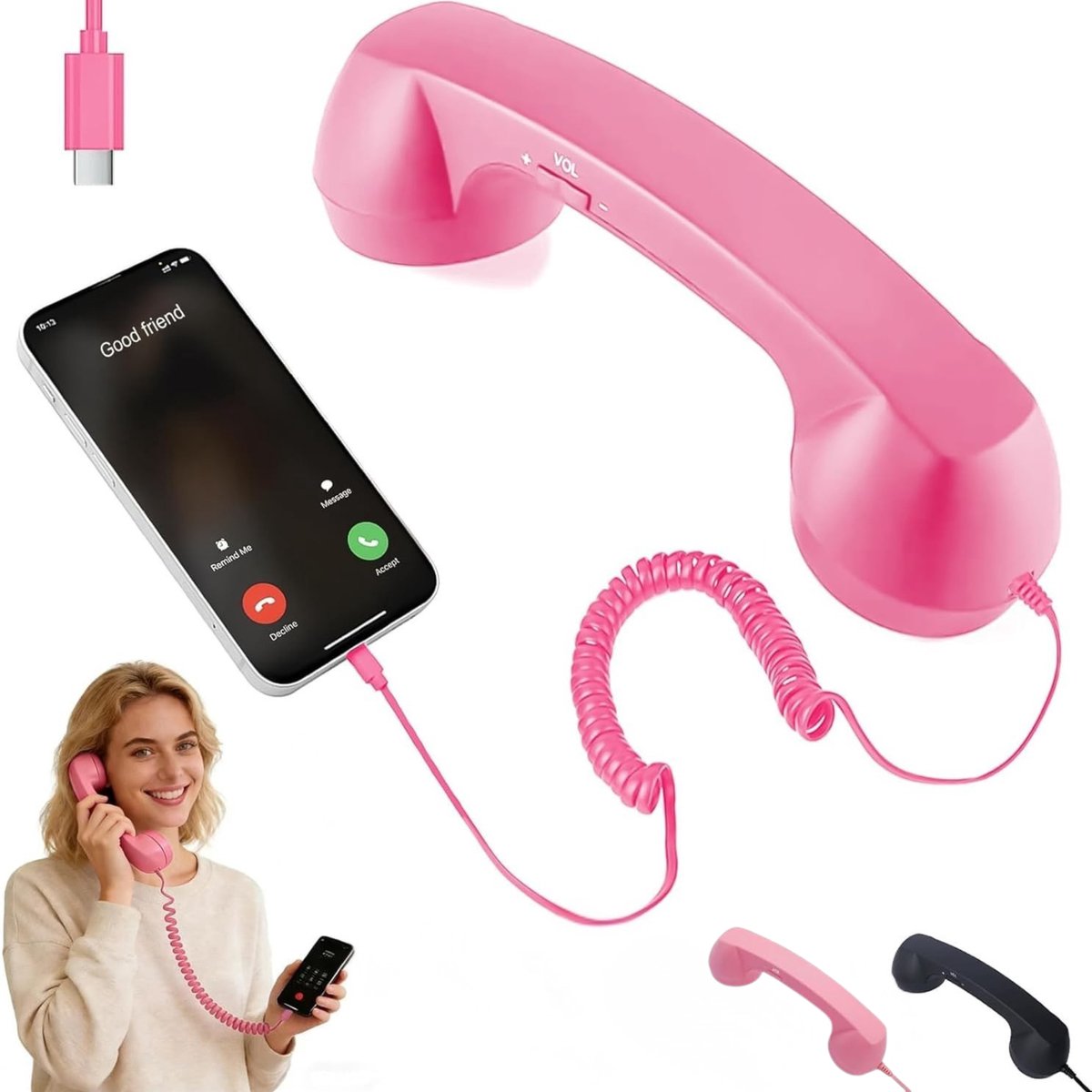 Vyzio - Retro Telefoonhoorn - Geschikt voor iPhone & Android - Type-C Vaste Aansluiting op Mobiel - Vintage Headset met Volumeregeling - Roze - RETOTALK