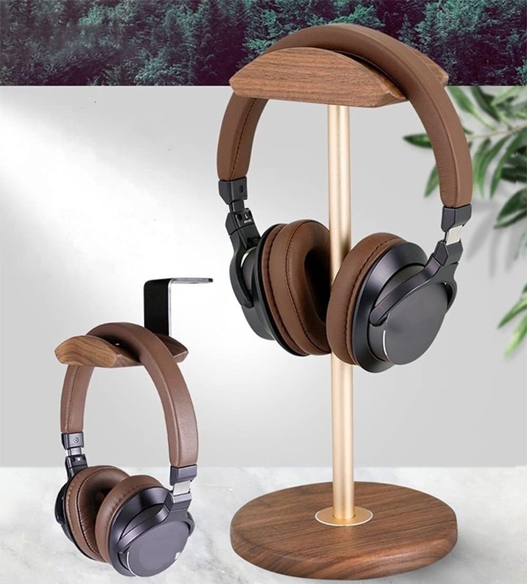 Hoofdtelefoonstandaard - Headset houder - Bureau organiseren - Dubbel gebogen oppervlak - 31 cm hoog - Beuken Zilver