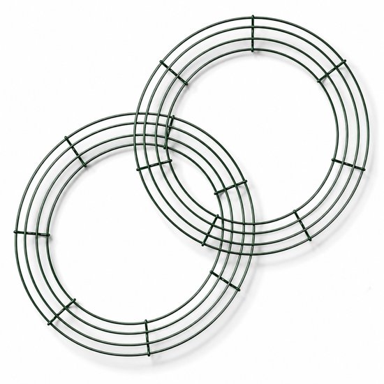 Twee ronde, donkergroene metalen kransframes die elkaar overlappen.