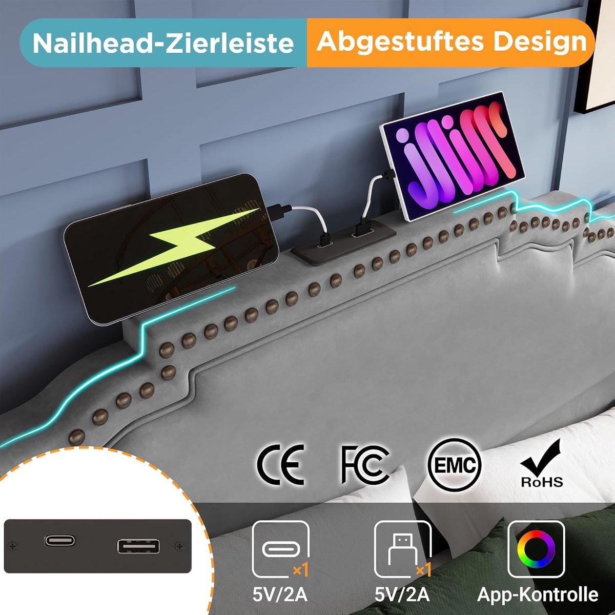 Gestoffeerd Bed - Tweepersoonsbed Opbergruimte - Moderne Slaapkamer - Met Led en USB-C - 1