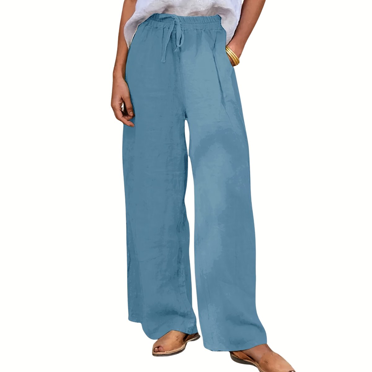 Currero Linnen Broek Dames Zomerbroek Volwassenen Lange Broek Pantalon Strandbroek Zomer Ibiza Stijl Blauw