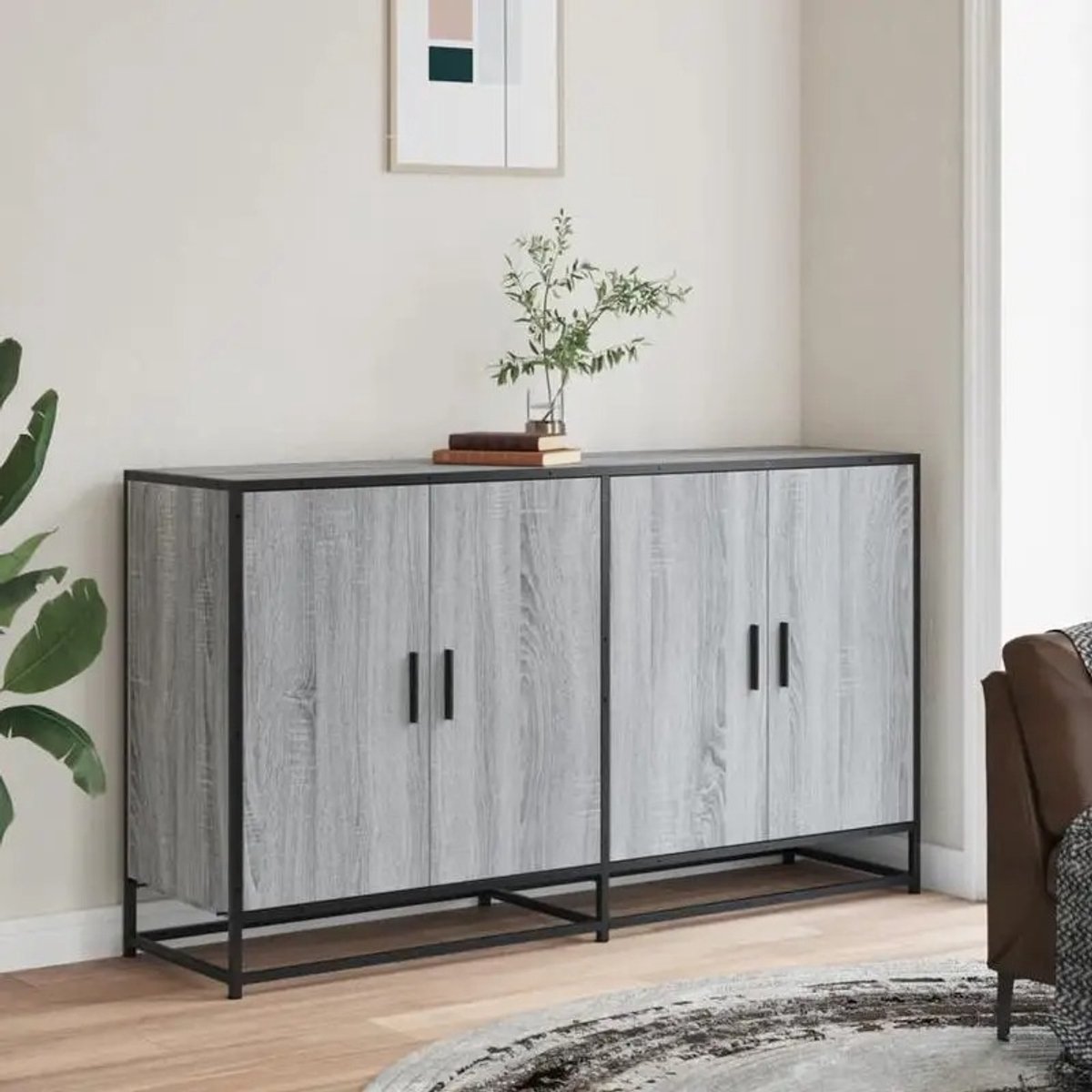 Vécarti – Industriële Buffetkast – Hout & Metaal – Grote Opbergruimte – Draaideuren – Stabiel Metalen Frame – Grijs - Woonkamer/Slaapkamer/Entree – Modern Design