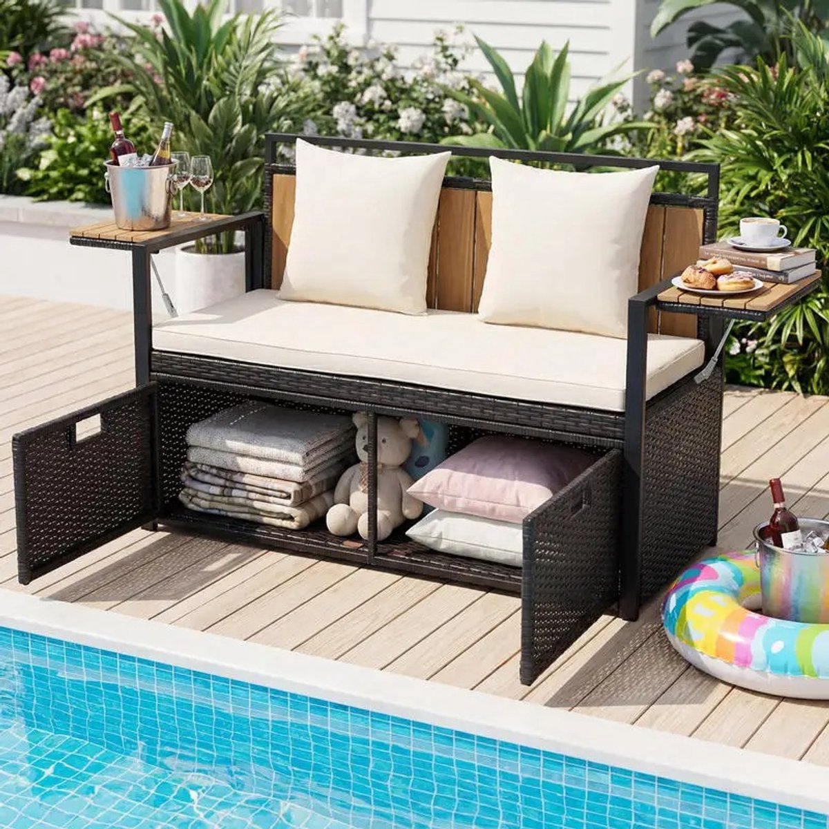 Vécarti – 2‑Zits Rotan Buitenbank – 142,5L Opbergruimte – Weerbestendig – Metalen Frame – Verwijderbare Kussens – Tuin/Balkon/Terras – Luxe Outdoor Zitbank