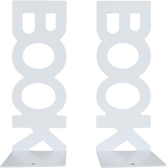 Twee witte metalen boekensteunen met het woord "BOOK" uitgesneden in een verticaal ontwerp.