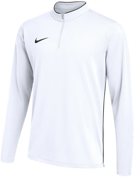 Wit Nike Dri-Fit trainingsshirt met lange mouwen, zwarte bies aan de zijkant en een rits bij de hals.