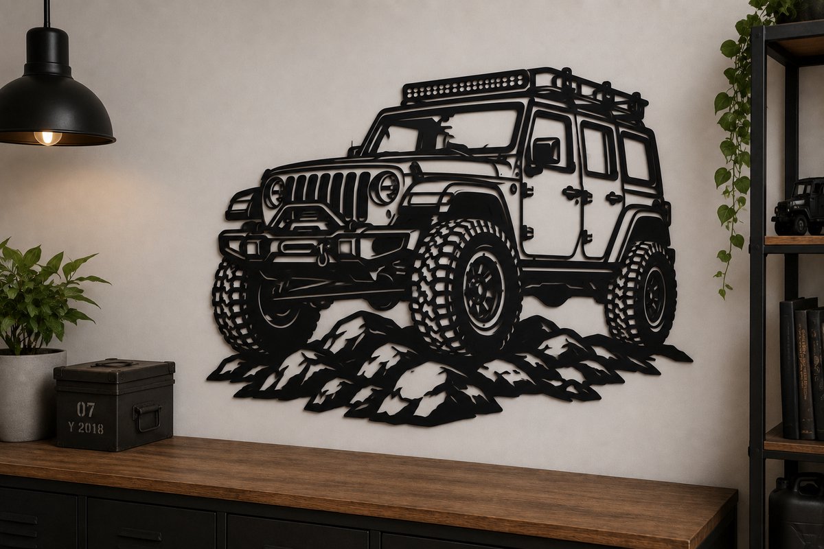 Offroad Terreinwagen Wanddecoratie van Zwart MDF 6 mm – 4x4 Muurdecoratie – Laser Gesneden Wandkunst voor Woonkamer, Garage, Mancave of Kantoor – 55 cm